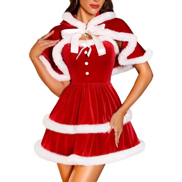 Sexy Christmas Velvet Dress with Cape & Furry Babydoll 2-Piece Outfit - Picture 1 of 5